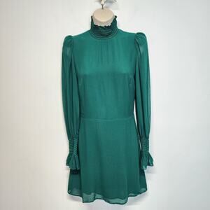 Reformation High Neck Archie Mini Dress Size 6 Emerald Green Sheer Long Sleeve